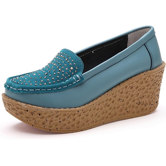 Rhinestones Platform Wedge Comfort Non-Slip ,Leather Wedge Moccasins Walking - Picture 6 of 7